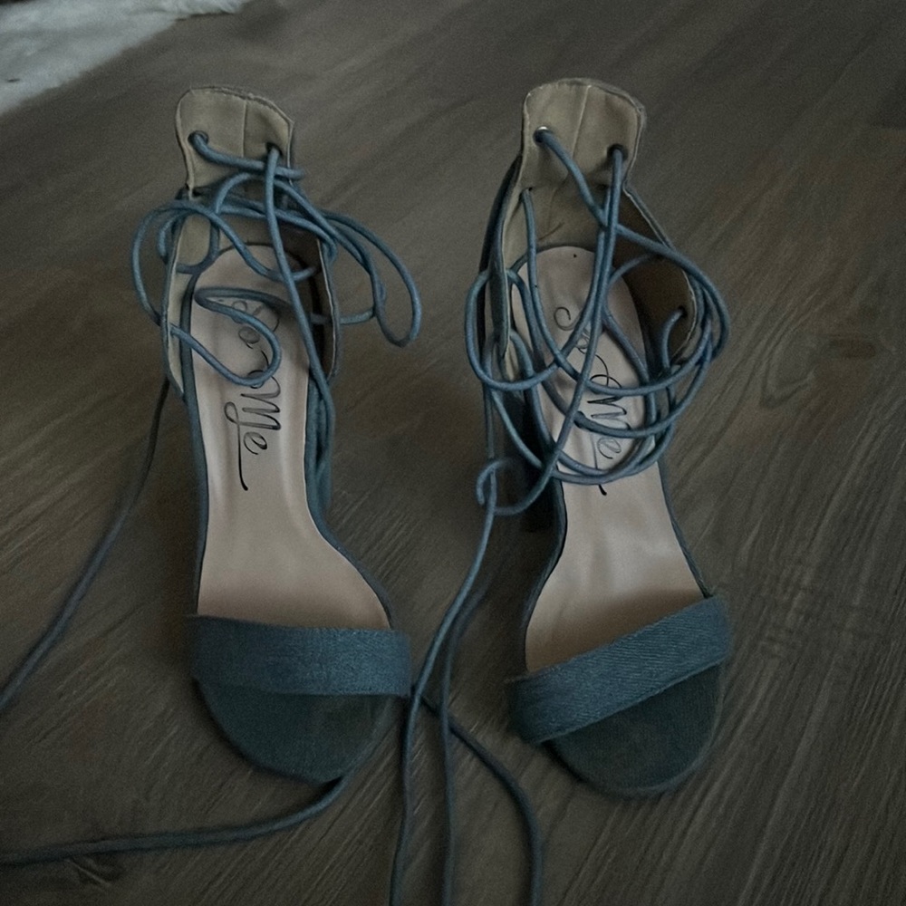 Denim lace up block heels
